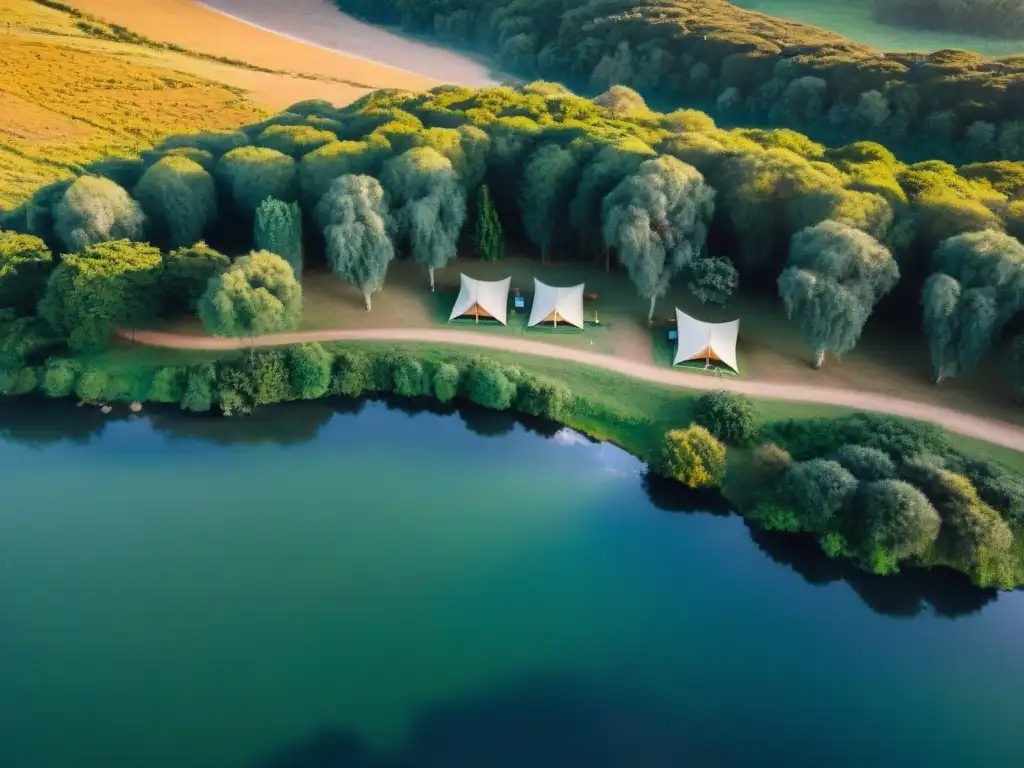 Camping privado en Uruguay: naturaleza, privacidad y serenidad Campings privados en Uruguay: Vista aérea de un sitio de camping privado, con paisajes verdes, ríos y tiendas de campaña entre árboles al atardecer