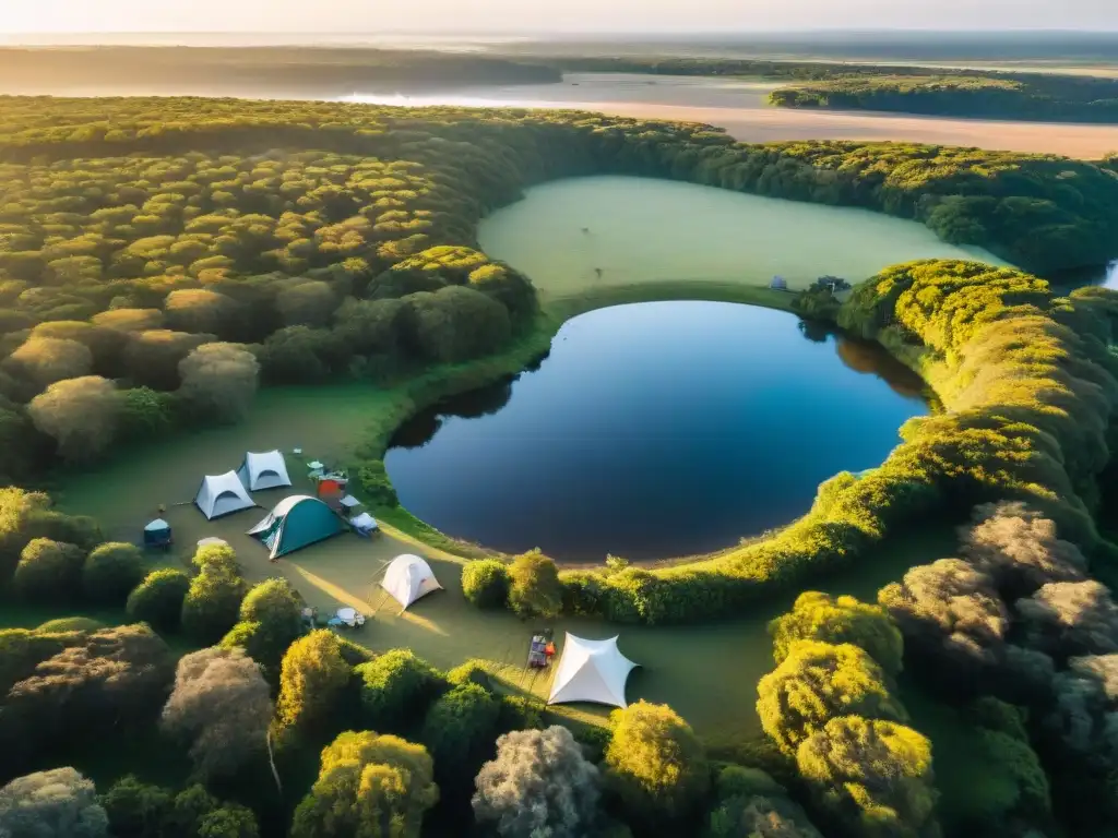 Campamento privado en Uruguay: naturaleza y tranquilidad Campings privados en Uruguay: Un refugio natural y tranquilo para camping, rodeado de vegetación exuberante y ríos serpenteantes al atardecer