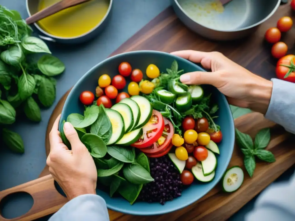 Arte culinario al aire libre: preparando ensalada fresca en el camping Un campista prepara una colorida ensalada sin fuego en un entorno natural
