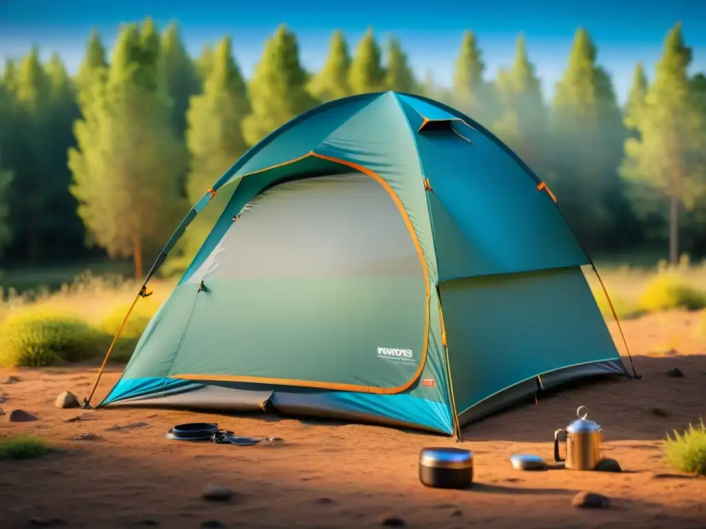 Examinando con precisión: cuidado de tienda de campaña de alta gama Un campista inspecciona minuciosamente las costuras de una tienda de campaña de alta gama, mostrando cuidado y detalle en su mantenimiento