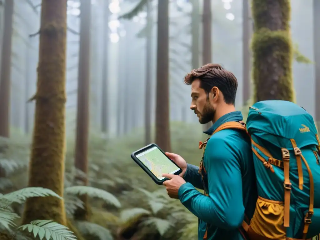 Explorador experto: navegando con GPS en bosque denso Campista experto usando funciones ocultas GPS mientras explora el bosque