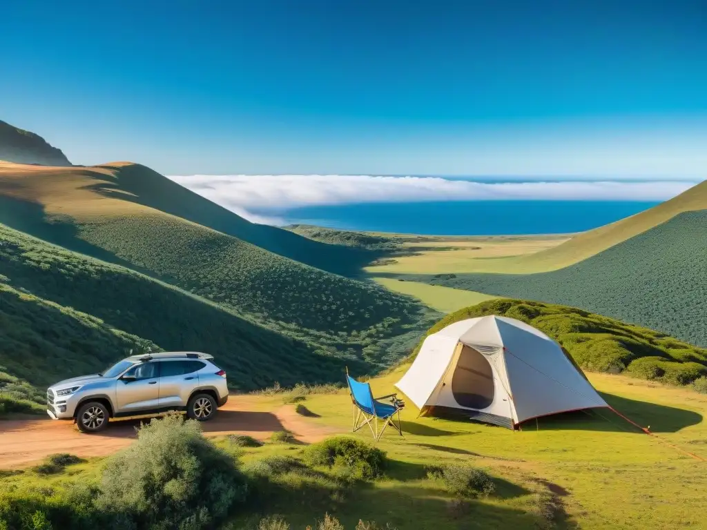 Conexión remota en Uruguay: campamento en la naturaleza Campista conectándose a internet en área remota de Uruguay con antena satelital, rodeado de naturaleza exuberante bajo cielo azul