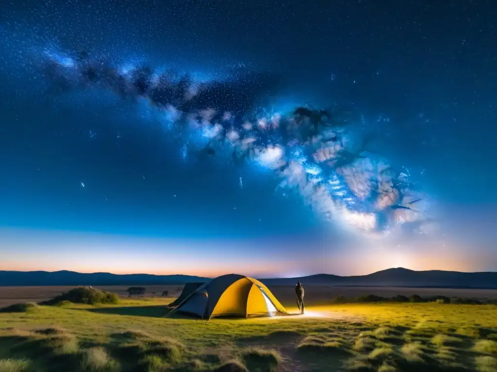 Espectacular cielo estrellado en Uruguay: belleza de la Vía Láctea Un campista maravillado por la orientación por estrellas camping Uruguay bajo un cielo nocturno impresionante