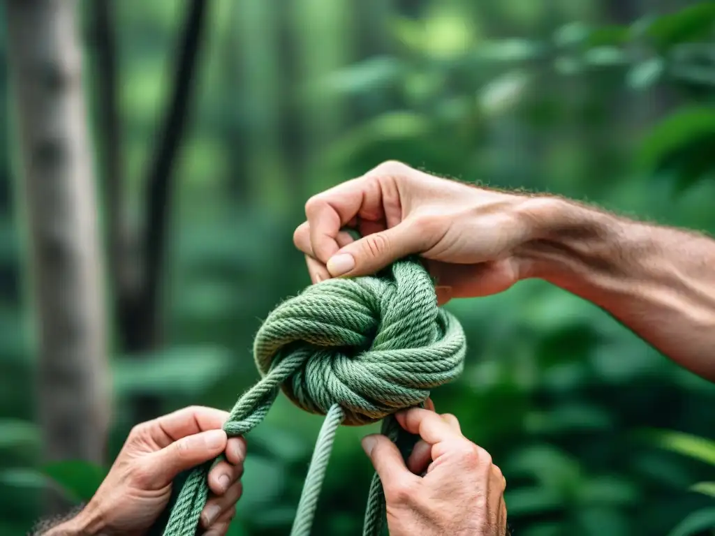 Manos expertas atando nudo en cuerda gruesa en bosque verde Un hábil campista ata un nudo seguro en una cuerda gruesa
