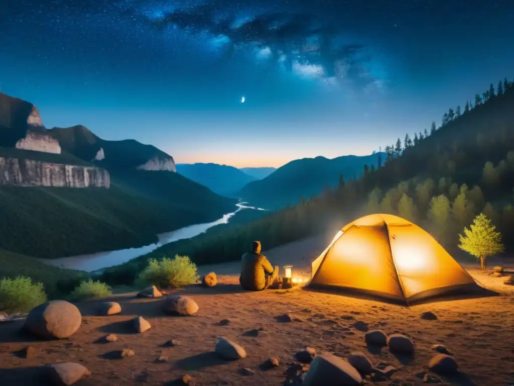 Campamento solitario bajo las estrellas en Santa Teresa Un campista solitario disfruta de un fogata bajo un cielo estrellado en Santa Teresa