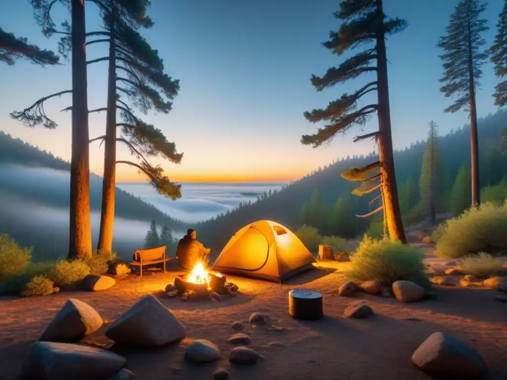 Campamento sereno en el atardecer: soledad y contemplación en la naturaleza Un campista solitario reflexiona junto a la fogata en un atardecer sereno en la naturaleza