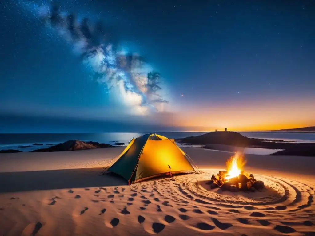 Silueta de campista junto a fogata en Cabo Polonio Un campista solitario junto a una fogata en Cabo Polonio, Uruguay