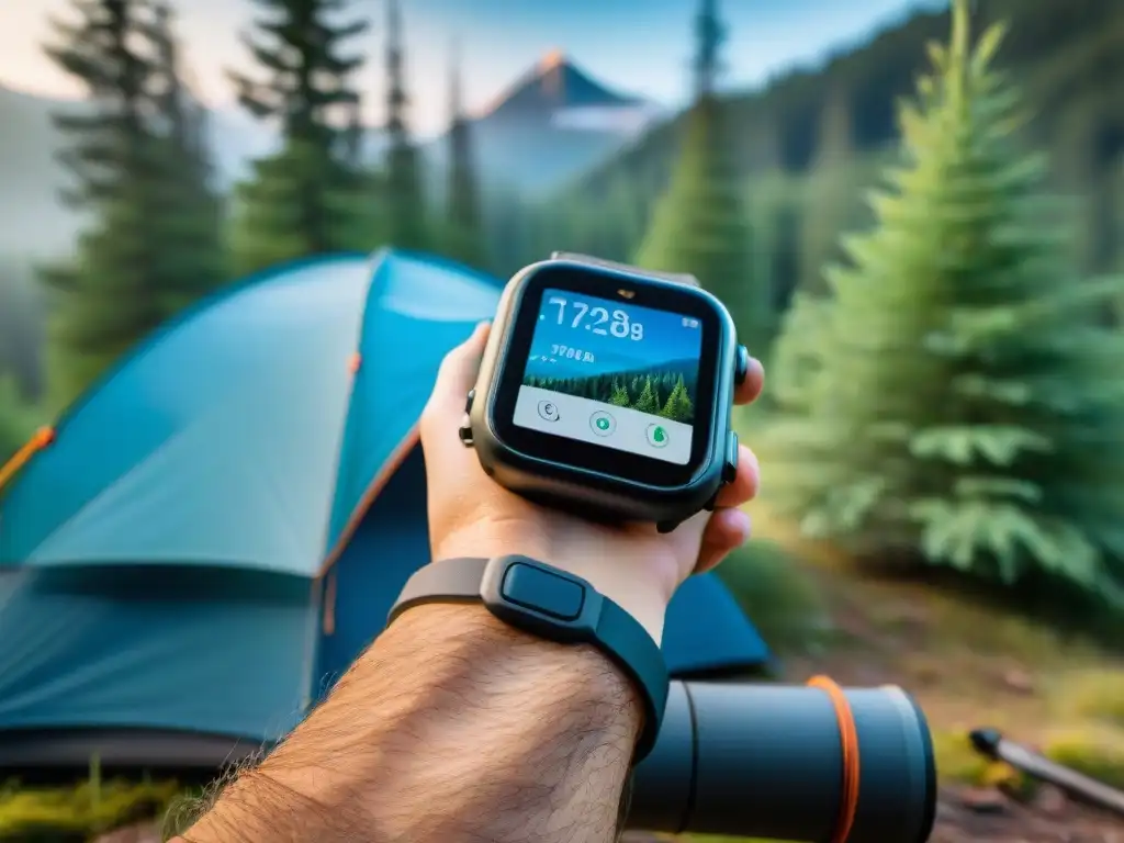 Smartwatch con GPS para senderismo en bosque Un campista usa tecnología wearable para campistas en un bosque, con reloj inteligente GPS mostrando mapas y estadísticas de salud