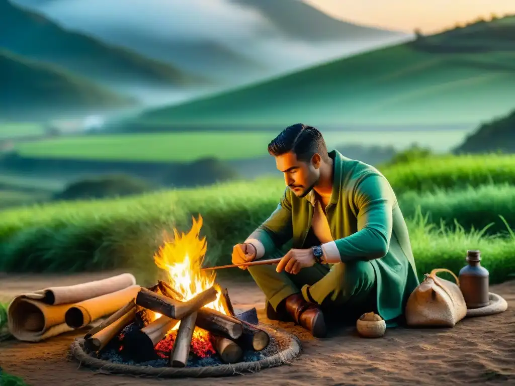 Campería ancestral: encendiendo fuego en Uruguay Un hábil campista uruguayo encendiendo una fogata con técnicas ancestrales en el campo