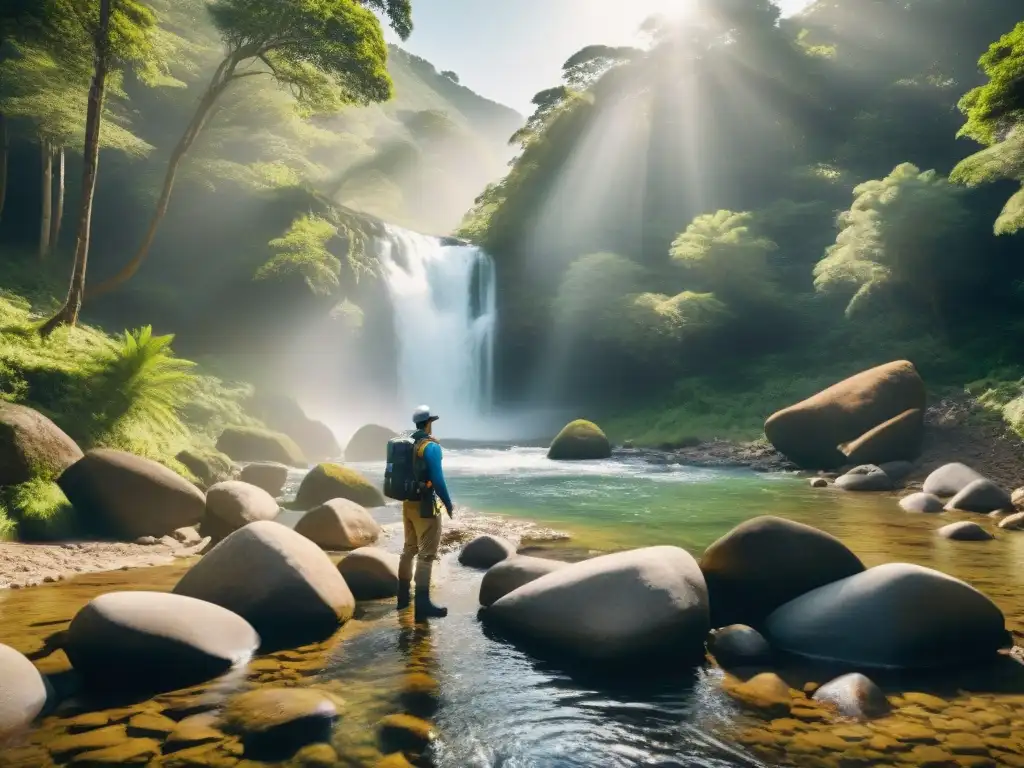 Campamento sostenible: purificación de agua en la naturaleza uruguaya Campistas purificando agua en un arroyo en el bosque de Uruguay con filtros de agua para camping