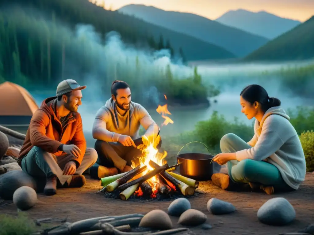 Campamento gourmet al atardecer: cocinando sin utensilios modernos Campistas preparando alimentos sin utensilios en camping alrededor de fogata al anochecer