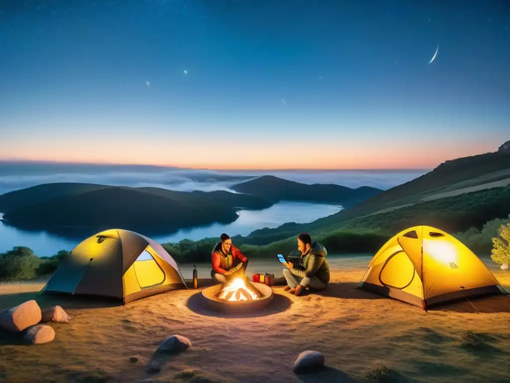 Campamento tecnológico bajo las estrellas en Uruguay Campistas en Uruguay usan aplicaciones móviles para mejorar su experiencia de camping junto al fuego nocturno en un hermoso paisaje natural