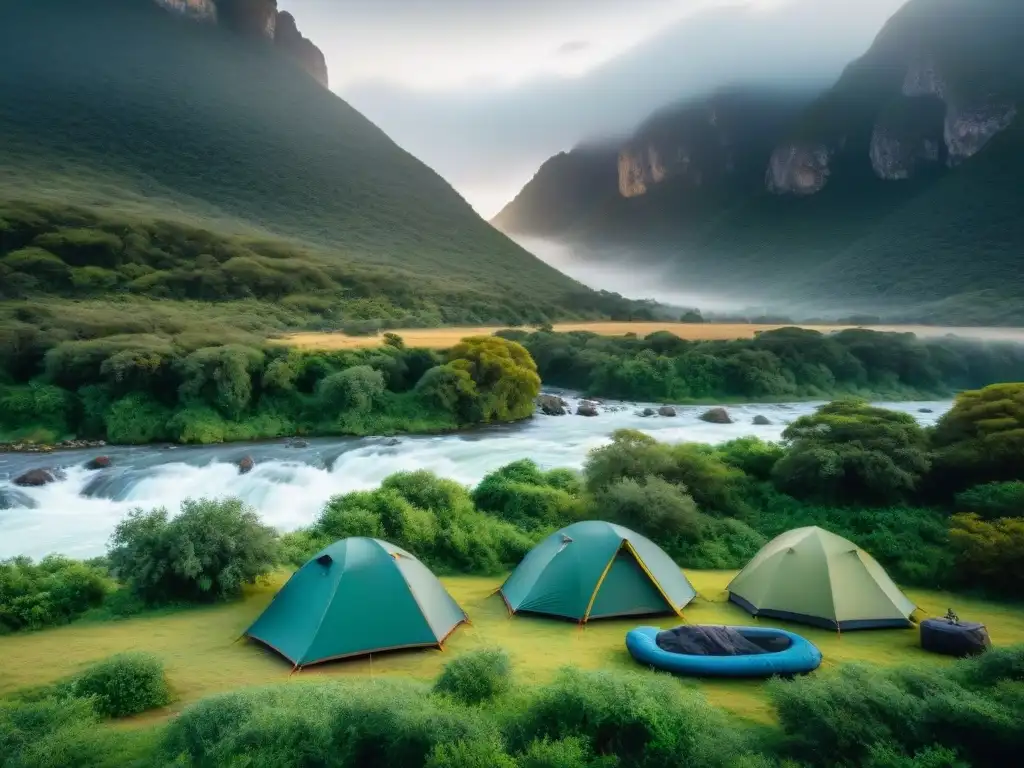 Campamento emocionante en Uruguay: adrenalina y naturaleza Campistas arriesgados arman tiendas cerca de un río en Uruguay, rodeados de naturaleza