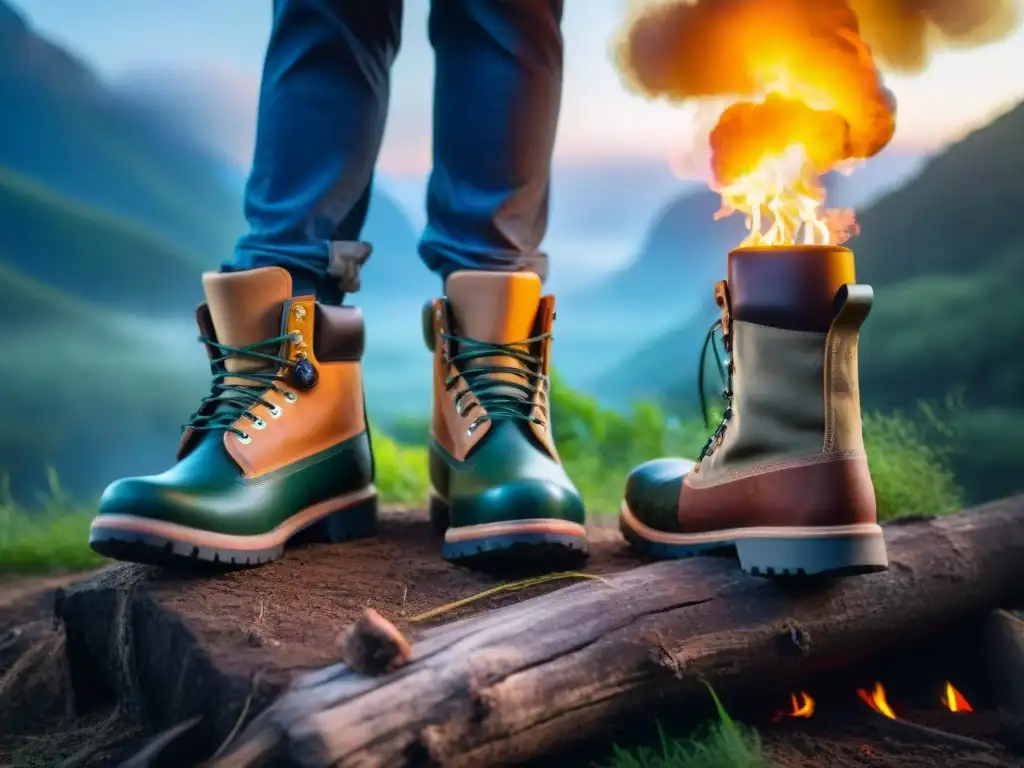 Campamento nocturno con botas impermeables de calidad en bosque uruguayo Campistas en el bosque con botas impermeables para camping en Uruguay, reunidos alrededor de una fogata al anochecer