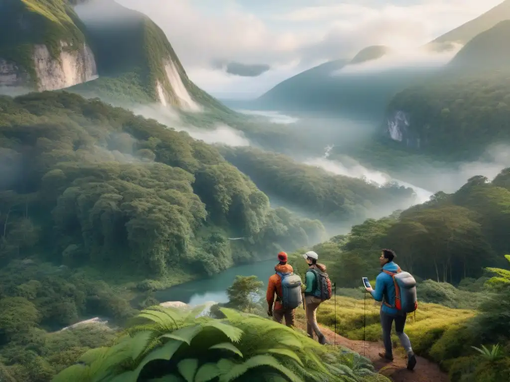 Exploradores tech: campamento con gadgets de vanguardia en el bosque Campistas explorando el bosque con tecnología wearable para campistas