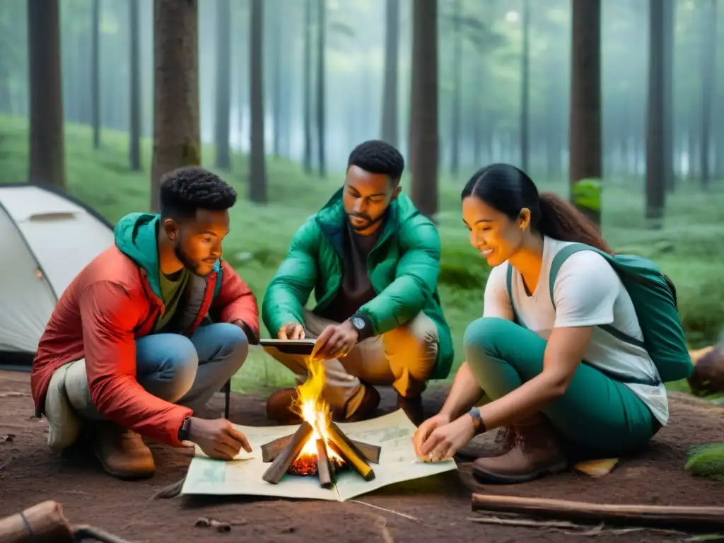 Campamento sostenible: GPS solar y mapas ecológicos en la naturaleza Campistas en bosque verde usando tecnología sostenible y mapas ecofriendly
