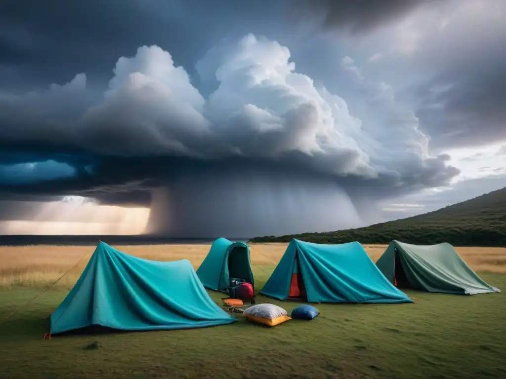 Campistas en Uruguay preparándose bajo tormenta con mantas térmicas Campistas en Uruguay preparando campamento bajo cielo tormentoso con mantas térmicas camping emergencia Uruguay