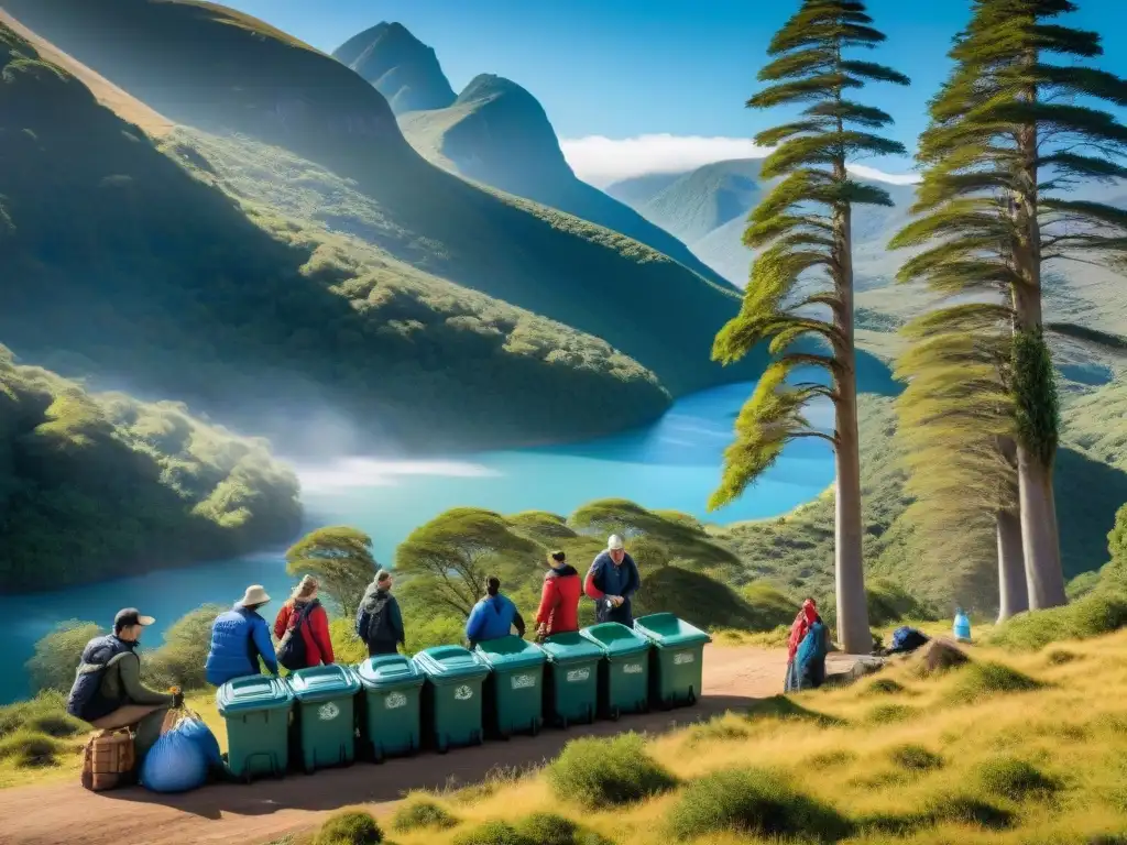 Campistas cuidando el medio ambiente en campamento ecológico en Uruguay Campistas en camping uruguayo separan desechos en medio de naturaleza exuberante