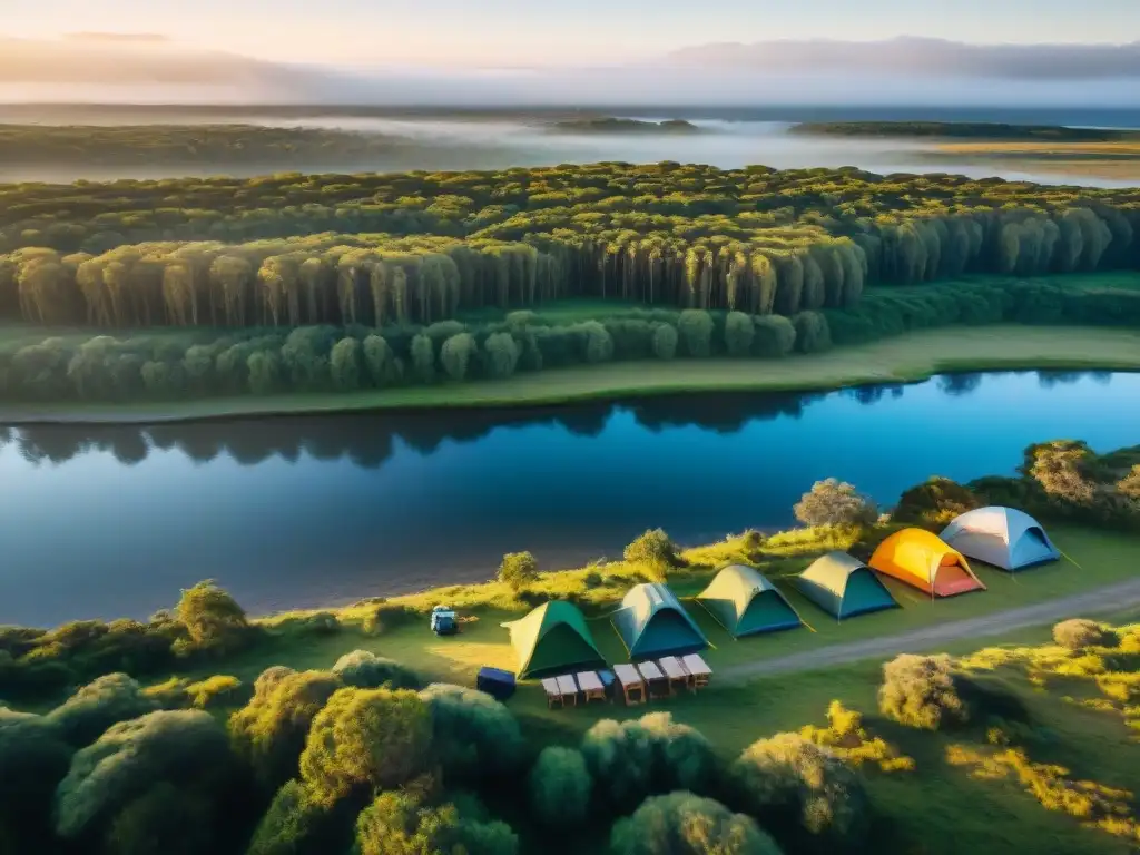 Campamento de ensueño al atardecer en Uruguay Campistas armando carpas al atardecer en camping de Uruguay
