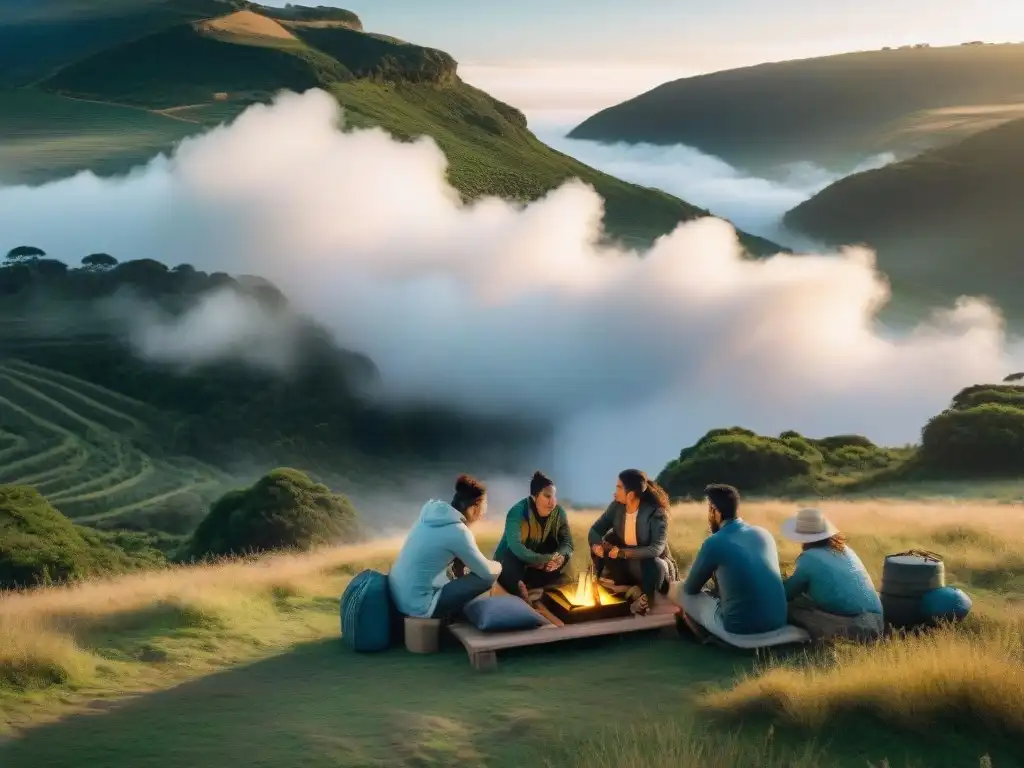 Innovadores campistas en Uruguay cocinan con estufas solares Campistas en Uruguay usando cocinas solares, rodeados de naturaleza exuberante y paisajes serenos