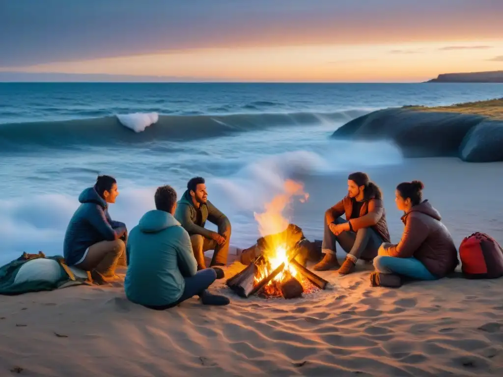 Campamento de supervivencia en playa uruguaya al atardecer Campistas costeros practicando técnicas de supervivencia en la playa al atardecer en Uruguay
