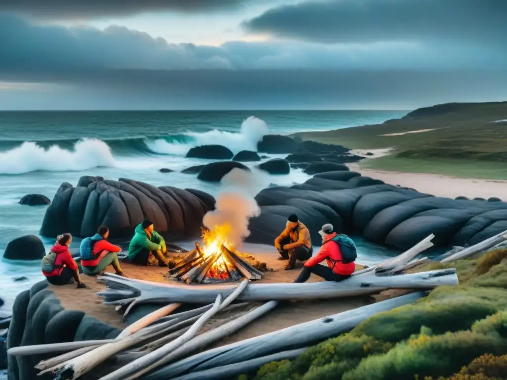 Supervivencia costera en Uruguay: campamento y habilidades Campistas costeros practicando técnicas de supervivencia en una costa ventosa de Uruguay