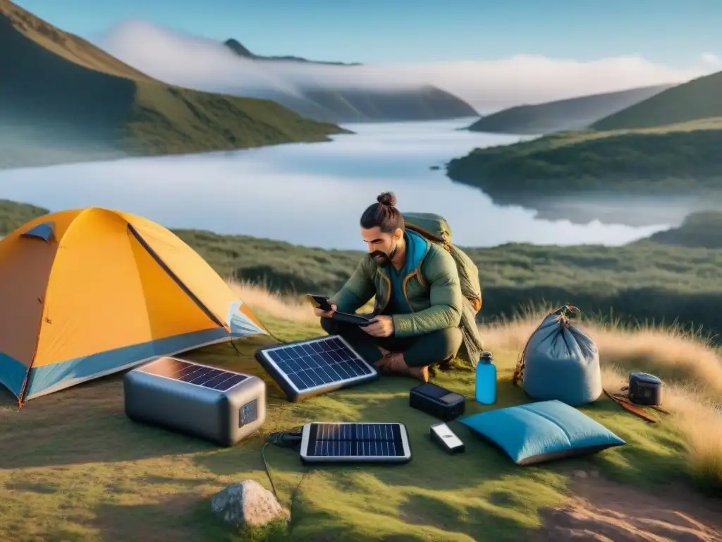 Campamento eco-friendly en Uruguay: carga solar y tradición Campistas en Uruguay cargando dispositivos con las mejores baterías portátiles camping