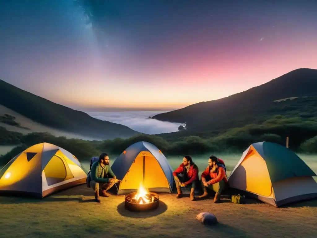 Campamento de aventura y camaradería bajo el cielo estrellado en Uruguay Campistas diversificados montando coloridas tiendas en una noche estrellada en Uruguay, rodeados de indumentaria de camping