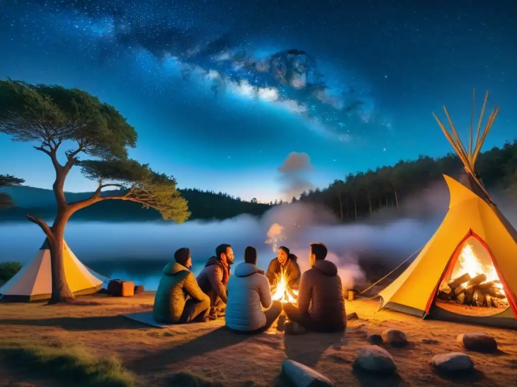 Campamento nocturno en Uruguay: diálogos alrededor del fuego Campistas experimentados disfrutan de una fogata en Uruguay bajo un cielo estrellado