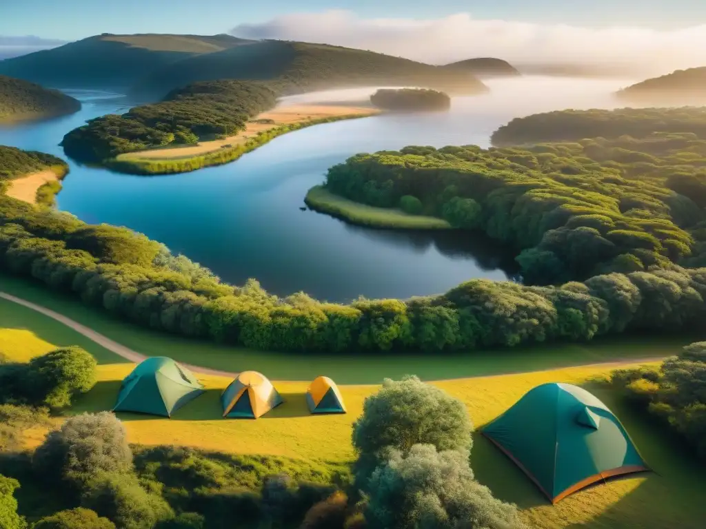 Campamento verde en Uruguay: aventura con GPS al atardecer Campistas expertos disfrutan de funciones ocultas GPS en un atardecer mágico en un camping en Uruguay