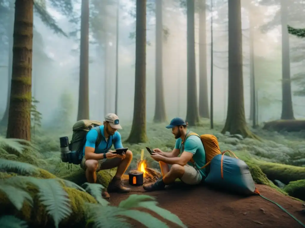 Exploradores expertos en bosque con GPS avanzado Campistas expertos usan funciones ocultas de GPS en la densa foresta, preparándose para la noche en la naturaleza