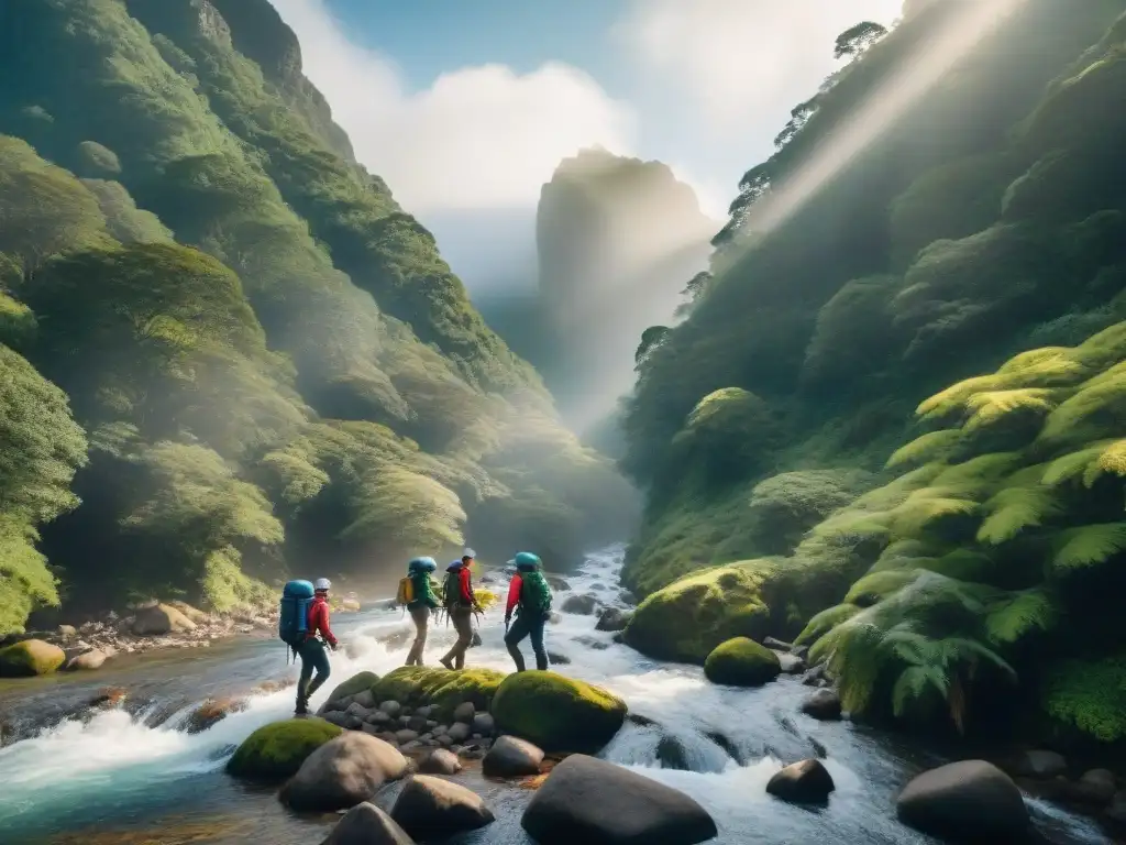 Exploradores expertos cruzando río en selva de Uruguay Campistas expertos explorando terrenos difíciles en Uruguay, atravesando un río con equipo avanzado y GPS