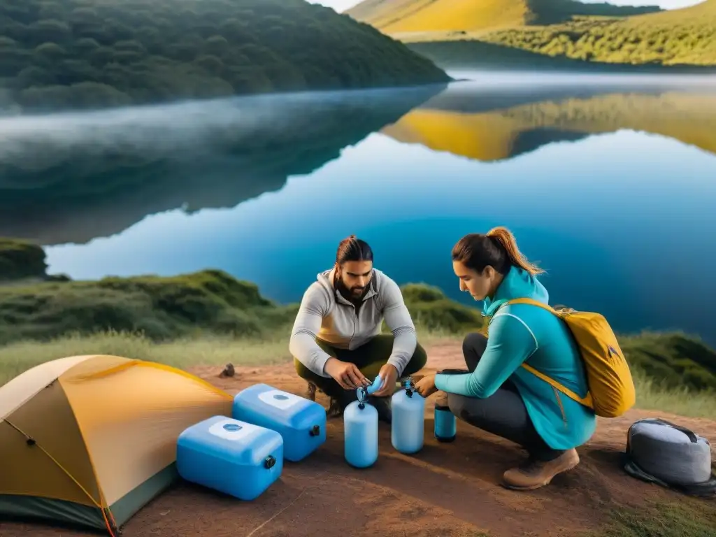 Campamento sostenible: purificación de agua al amanecer en Uruguay Campistas en Uruguay instalando filtros de agua portátiles junto al lago al amanecer