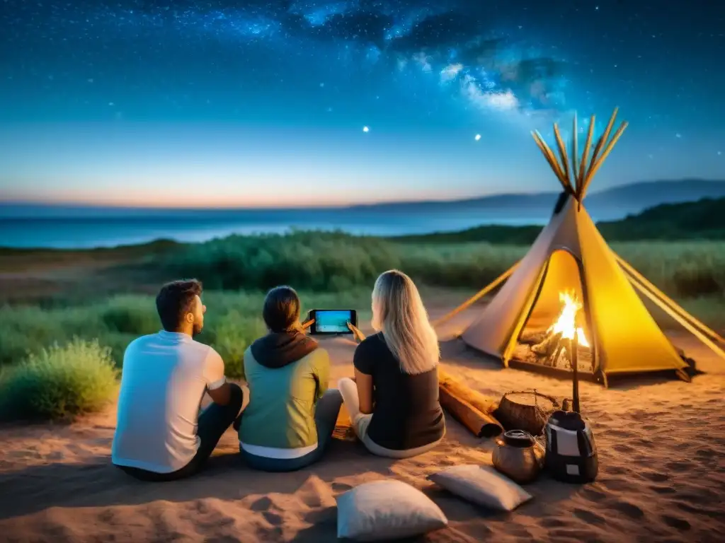 Campamento en Uruguay: Naturaleza y Tecnología fusionadas Campistas alrededor de fogata bajo cielo estrellado, con mapa de aplicaciones móviles campistas Uruguay iluminado por el fuego