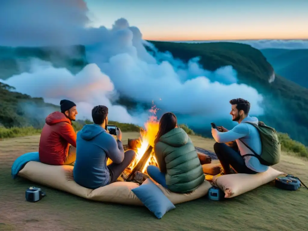 Campamento fotográfico en el bosque de Uruguay Campistas en fogata comparten fotos en bosque uruguayo con accesorios fotografía campismo Uruguay
