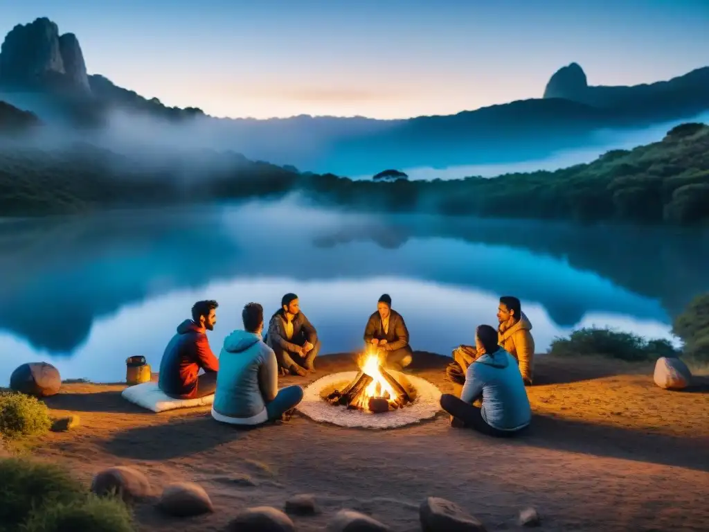 Campamento nocturno en Uruguay: fogata, marshmallows y diversidad Diversos campistas alrededor de una fogata en Uruguay, prevención incendios campamento Uruguay