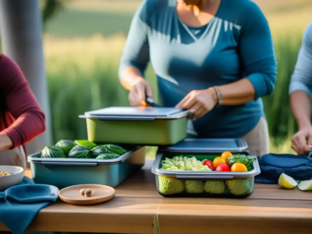 Campamento ecofriendly en Uruguay: preparativos conscientes al atardecer Campistas en Uruguay empacan de forma ecoamigable para minimizar residuos en su aventura al aire libre al atardecer