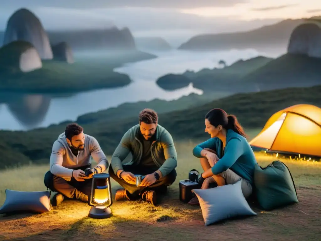 Campamento tecnológico en Uruguay: gadgets innovadores para sobrevivir Campistas en Uruguay usan gadgets de supervivencia para camping en un escenario tech-savvy y aventurero