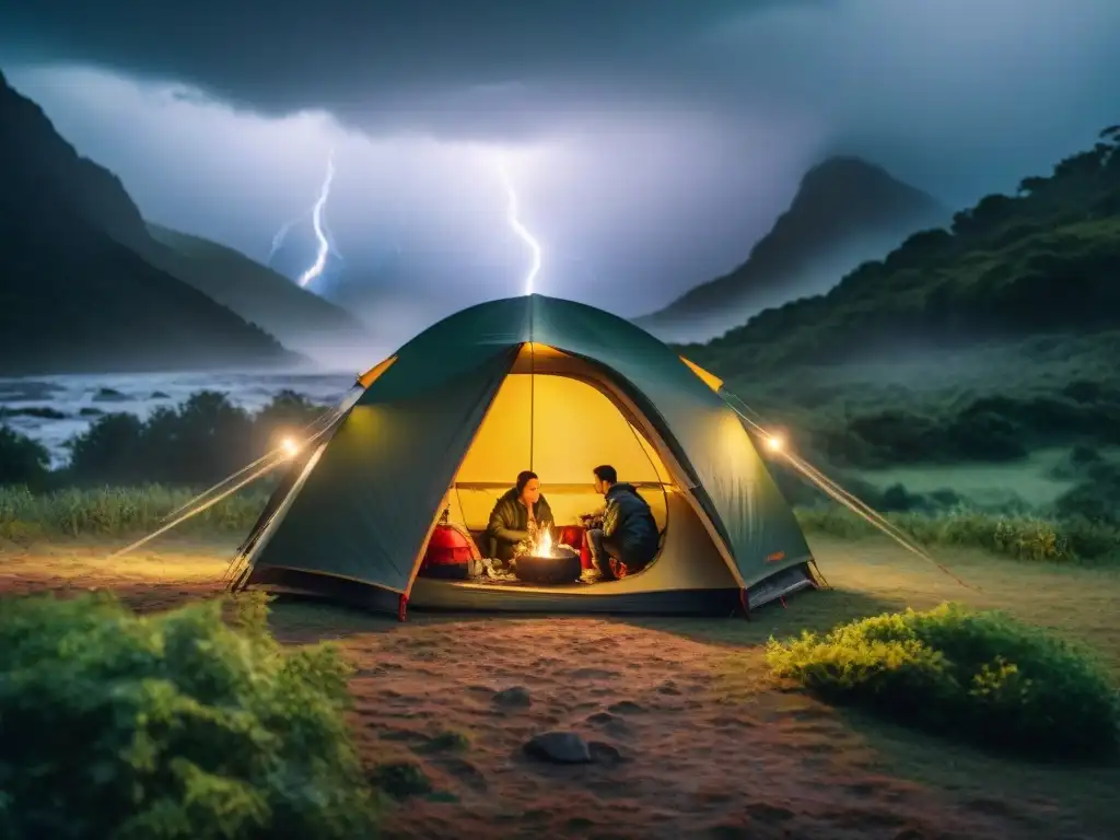 Campistas preparados bajo la tormenta en Uruguay Campistas preparándose bajo la lluvia en camping de Uruguay ante emergencias climáticas camping Uruguay
