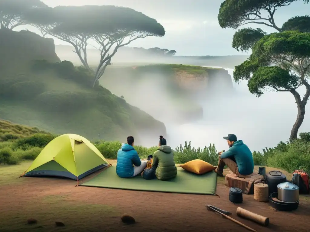 Campamento de aventura con tecnología en Uruguay Campistas en Uruguay integrando las mejores aplicaciones de supervivencia en su experiencia de camping, rodeados de naturaleza exuberante