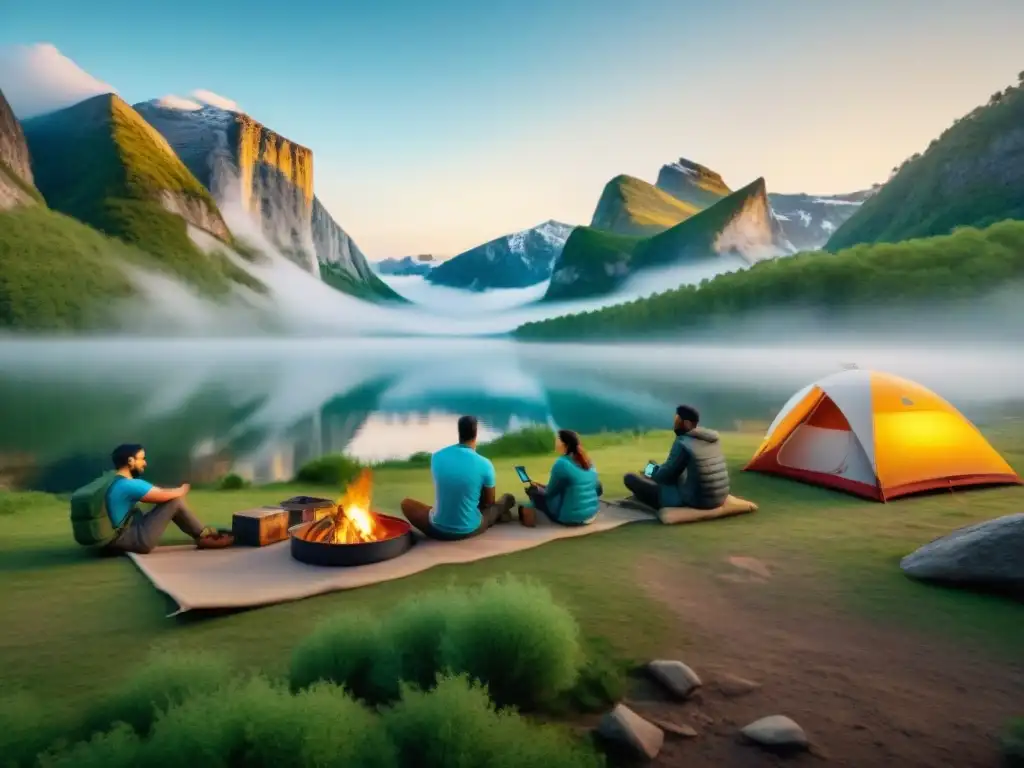 Camping tech: Integración perfecta en la naturaleza Campistas modernos disfrutan de la naturaleza con tecnología wearable para campistas, entre árboles y cielo despejado