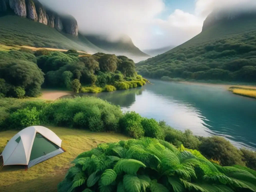 Campamento en Uruguay: naturaleza, aventura y tranquilidad Campistas en Uruguay disfrutan de la naturaleza, acampando cerca de un río tranquilo