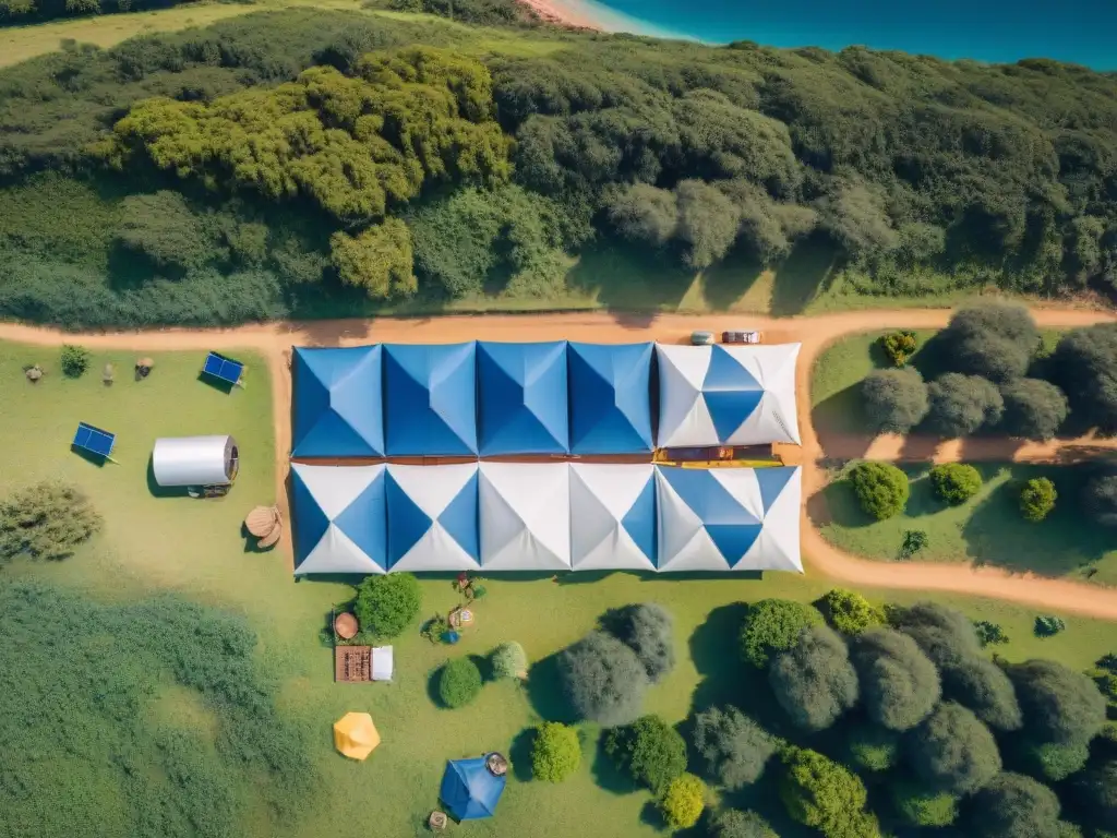 Camping sostenible en Uruguay: cocinas ecoamigables Campistas en Uruguay cocinan con opciones energéticas sostenibles junto a turbinas eólicas y cocinas solares