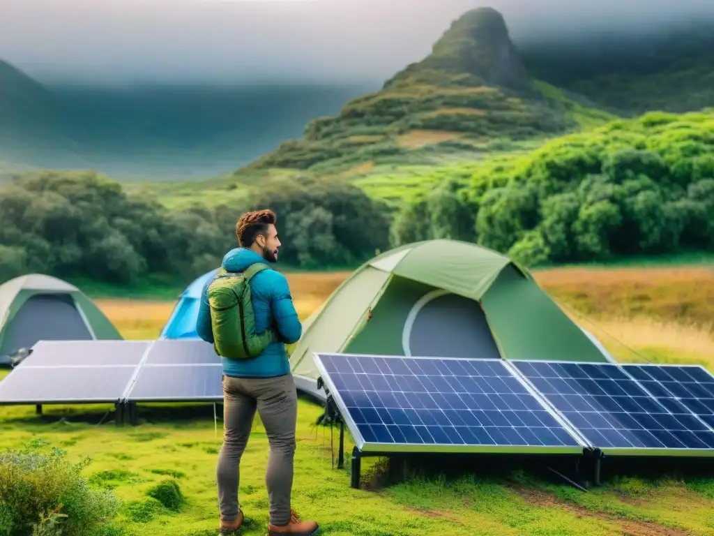 Campamento sustentable: Instalando paneles solares en Uruguay Campistas en Uruguay montando paneles solares portátiles cerca de sus tiendas en un entorno natural
