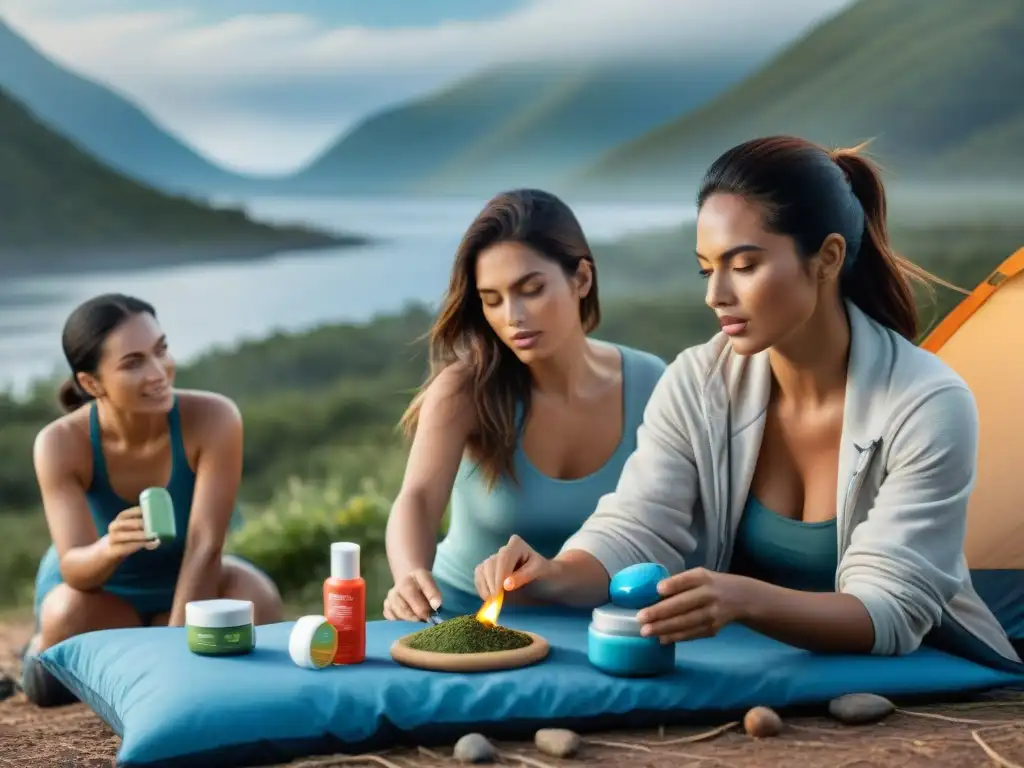 Campistas en Uruguay protegiendo su piel Campistas en Uruguay protegiendo su piel con productos cuidado personal, listos para explorar la naturaleza