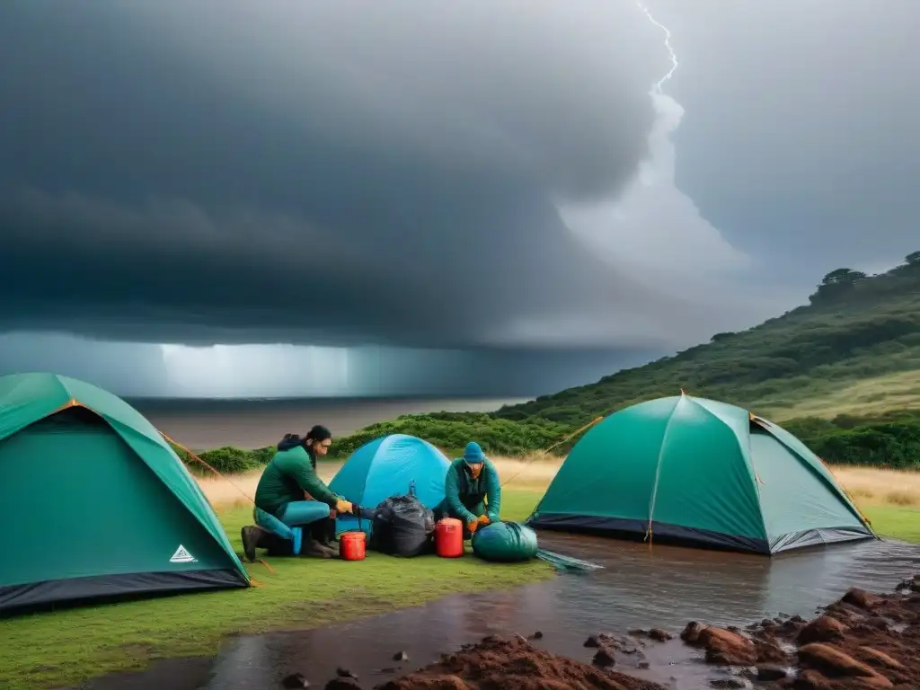 Campistas en Uruguay montan refugio emergencia bajo lluvia intensa Campistas en Uruguay montan refugio de emergencia bajo lluvia intensa, destacando preparación ante emergencias climáticas camping Uruguay