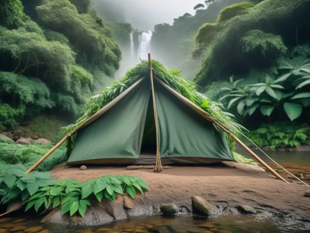 Campamento de supervivencia: experto en nudos en acción en Uruguay Campistas en Uruguay arman refugio con ramas y hojas, destreza en nudos