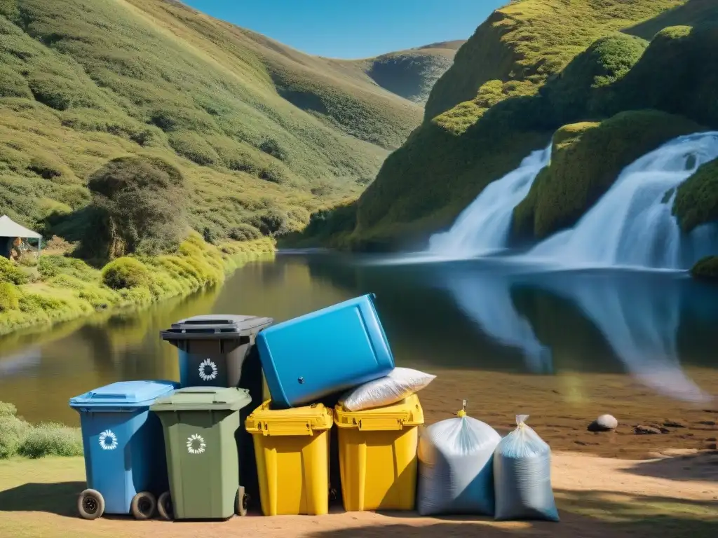 Campamento ecológico en Uruguay: reciclaje responsable entre la naturaleza Campistas en Uruguay cuidadosamente separan residuos en contenedores etiquetados, promoviendo la gestión de residuos camping Uruguay