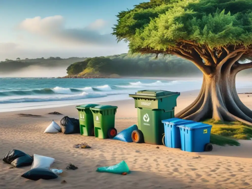 Campamento sostenible en playa de Uruguay: gestión responsable de residuos Campistas en Uruguay gestionan residuos en la playa, separando plástico, papel y orgánicos