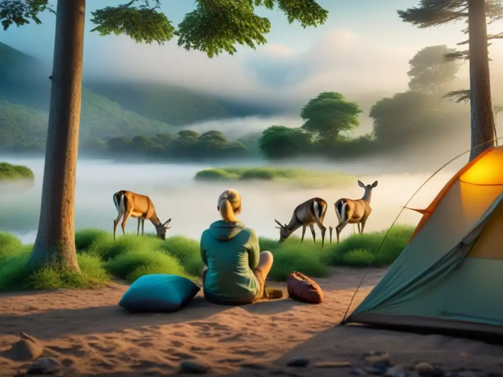 Turismo responsable: Campistas respetuosos observan ciervos en su hábitat Campistas respetuosos observan ciervos en bosque